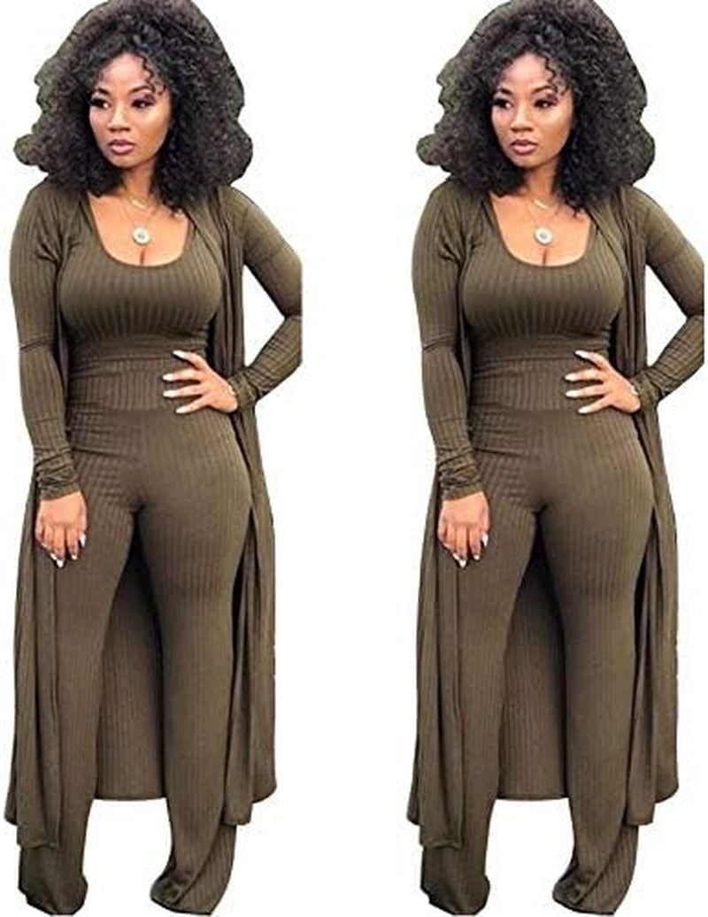 Women Sexy 3 Piece Outfits - Crop Top Long Kimono Cardigan Cover up and Bodycon Pants Set S XXL