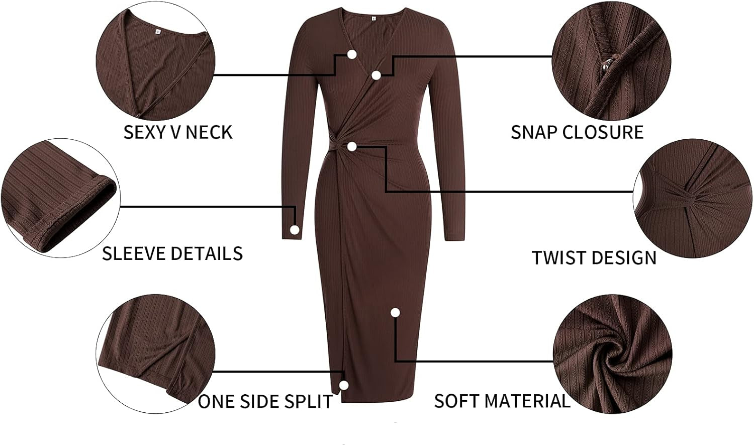 Women Casual Dresses V Neck Long Sleeve Twist Front Waist Ribbed Knit Bodycon Slit Dress Cocktail Party Midi Dresses