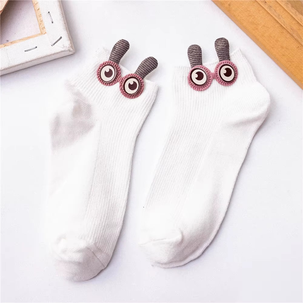 New Women'S Spring Summer Cartoon 3D Big Eyes Rabbit Eared Short Tube Socks Novelty Funny Soft Cotton Ankle Sokken Gift